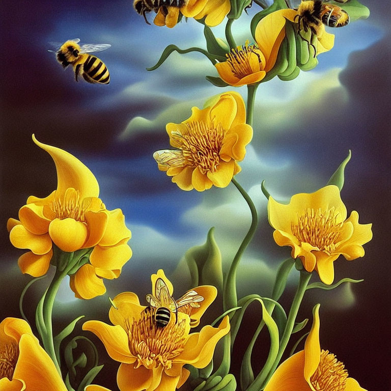 Bright yellow flowers with bees pollinating under blue skies and white clouds