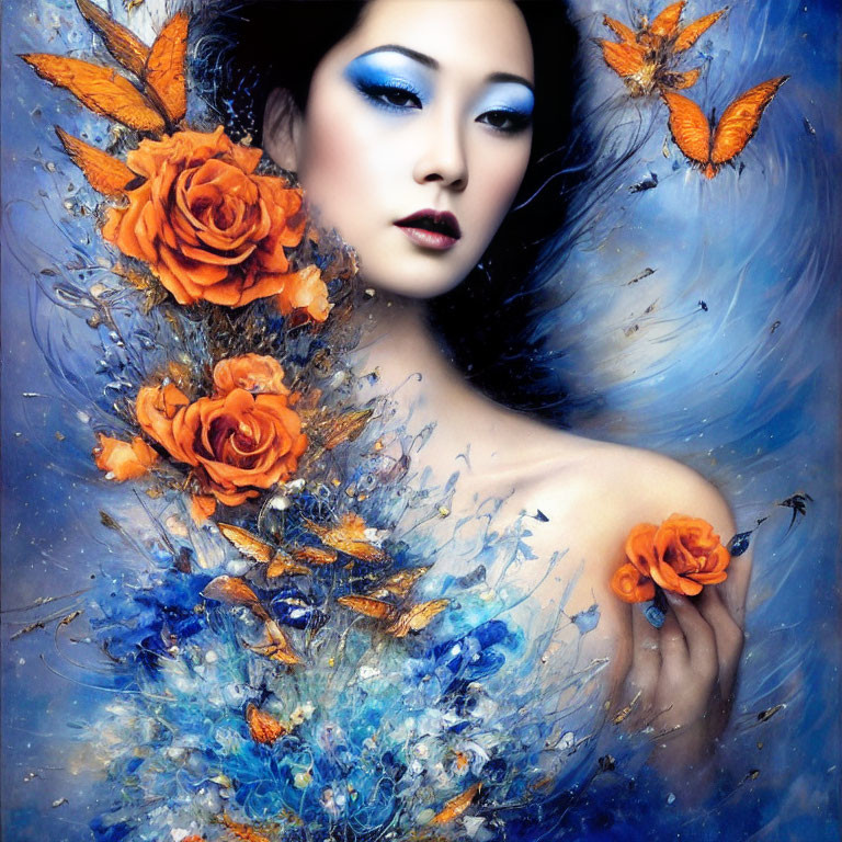 Portrait of Woman with Blue Makeup Surrounded by Orange Roses and Butterflies