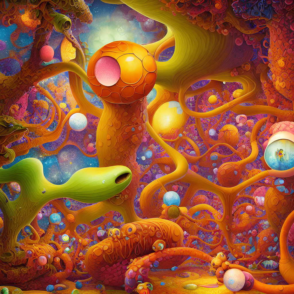 Colorful Psychedelic Artwork with Abstract Shapes and Alien Trees