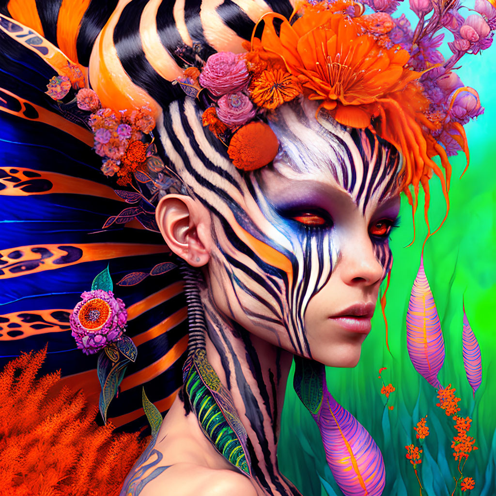 Colorful person with zebra face paint and floral headdress art.