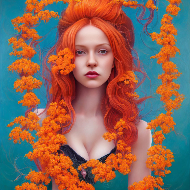 Vibrant red-haired woman among orange flowers on teal-blue backdrop