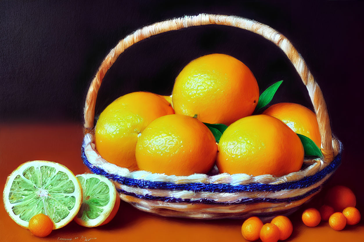 Colorful still life of ripe oranges and kumquats in wicker basket