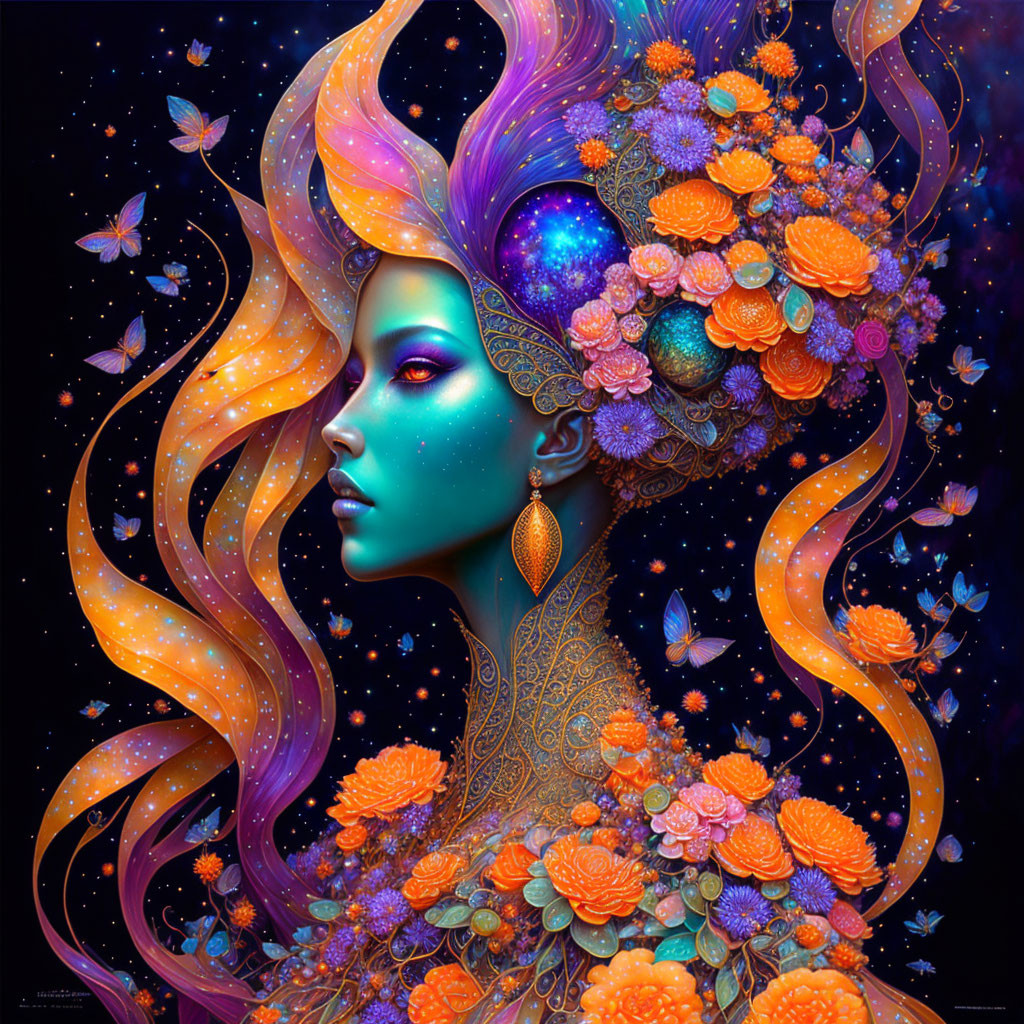 Vibrant illustration of a woman with blue skin and orange hair surrounded by flowers and celestial elements