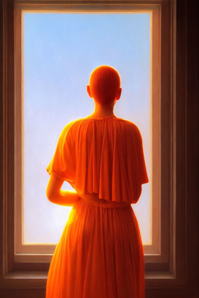 Bald Person in Orange Garment Standing by Brightly Lit Window