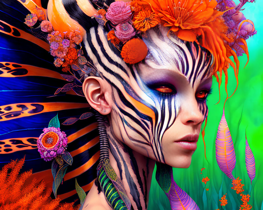 Colorful person with zebra face paint and floral headdress art.
