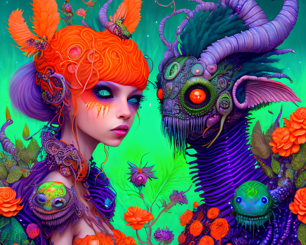 Vibrant orange and purple woman and creature in fantastical setting