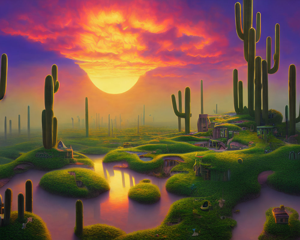 Surreal sunset landscape with large cacti, vibrant sky, and whimsical houses.