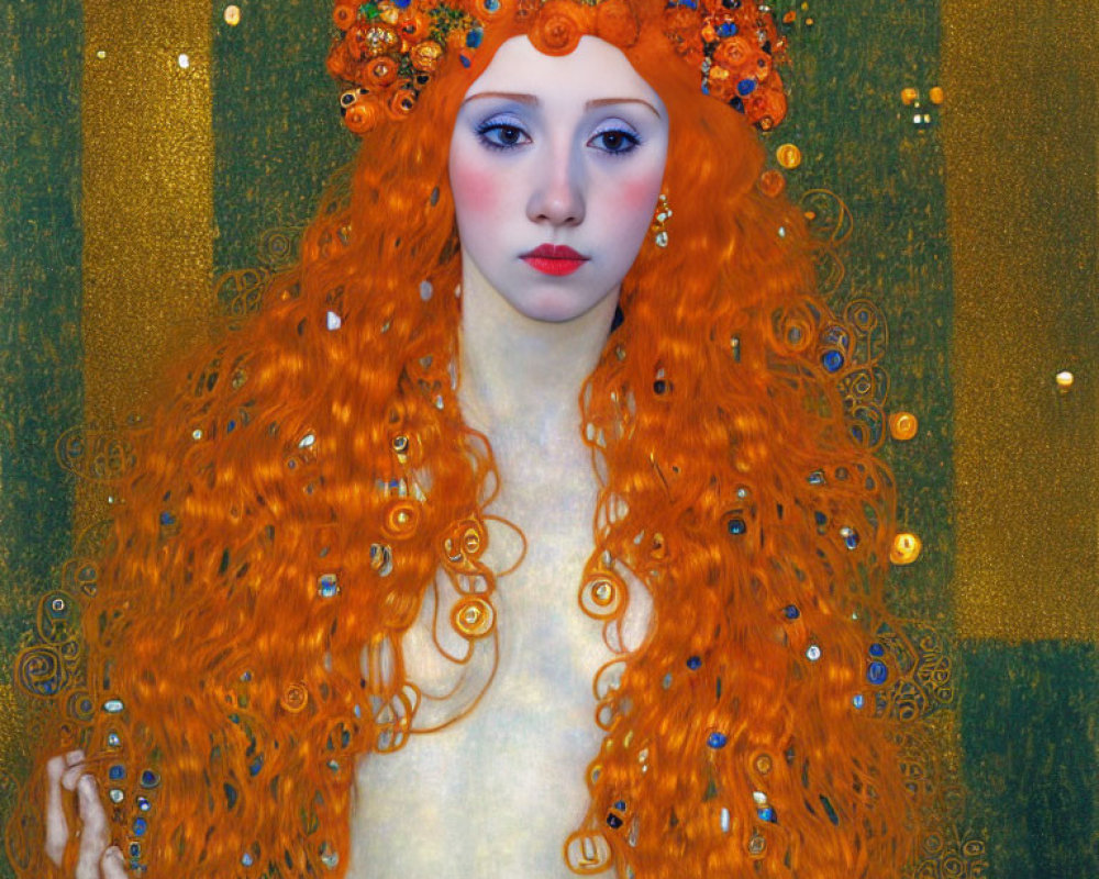 Figure with Long Red Hair and Jeweled Headpiece on Golden Textured Background