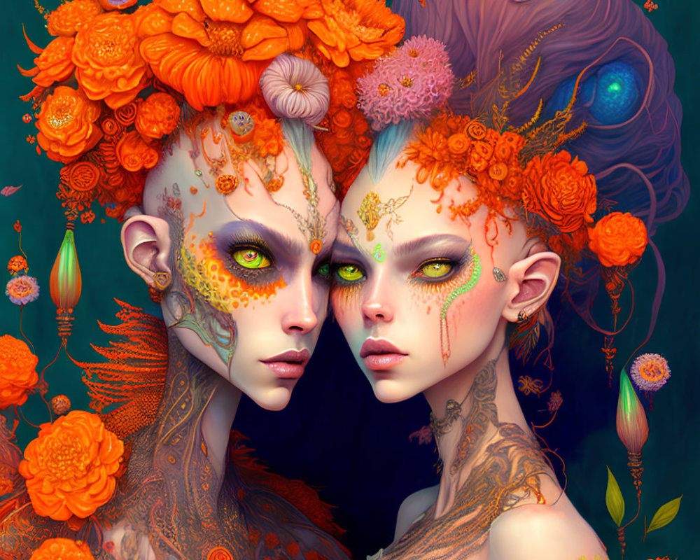 Fantastical beings with orange floral headpieces on turquoise background