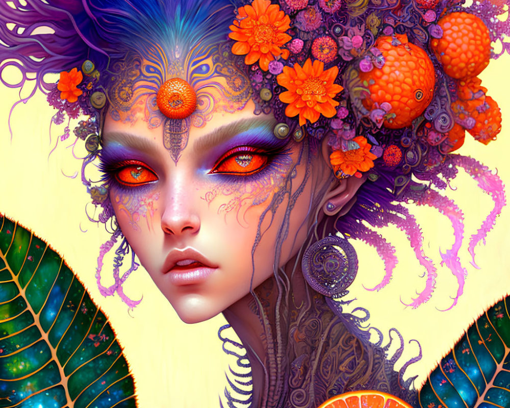 Vibrant purple hair and floral adornments on female figure in colorful artwork