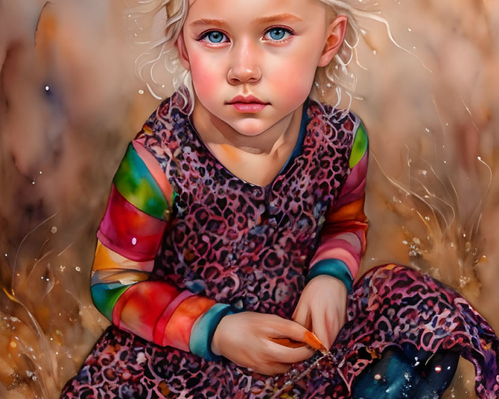 Digital artwork: Young girl with blonde curly hair and blue eyes in colorful dress and boots, against whims