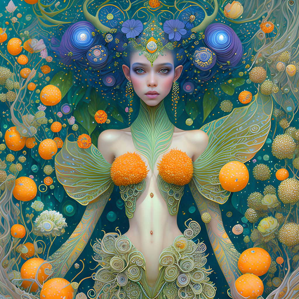 Fantastical portrait of female figure with green skin and botanical elements on vibrant backdrop.