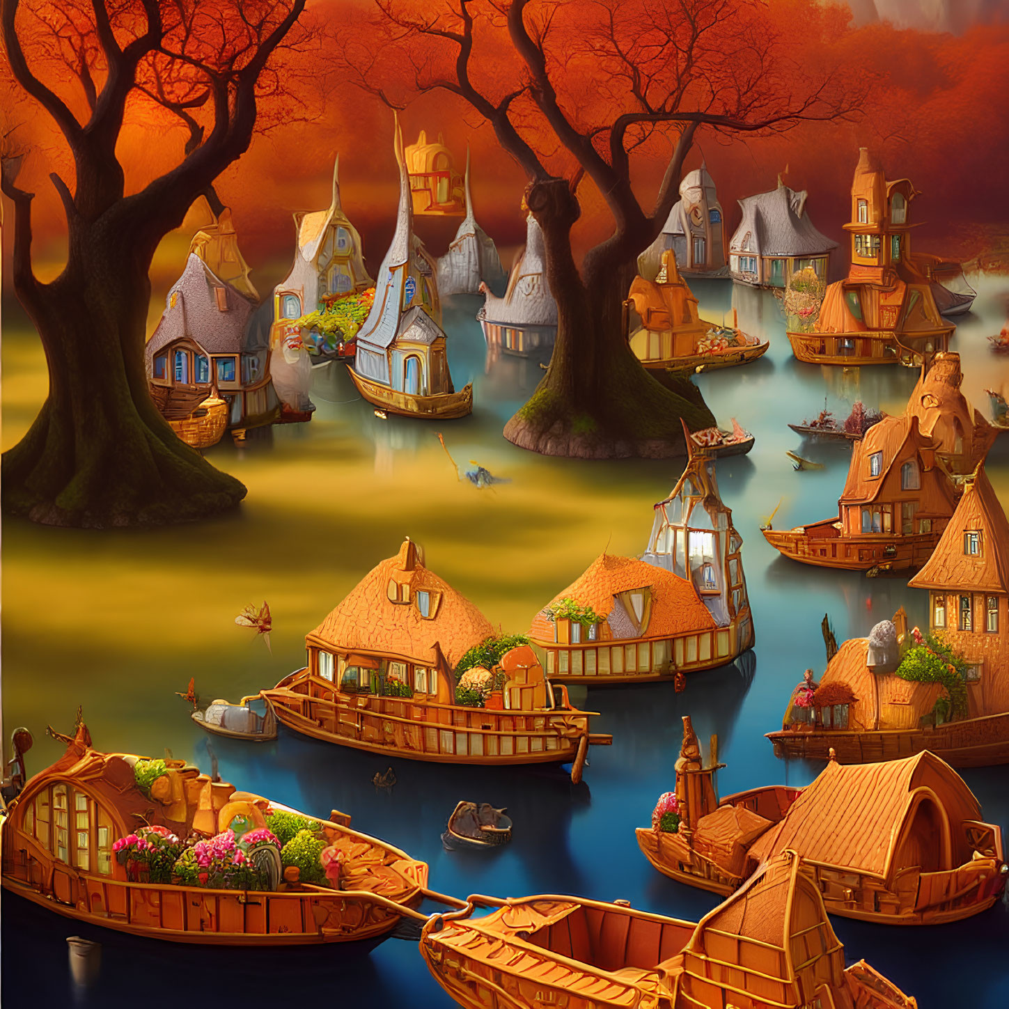 Autumnal village with cozy houses by calm waters & orange sky