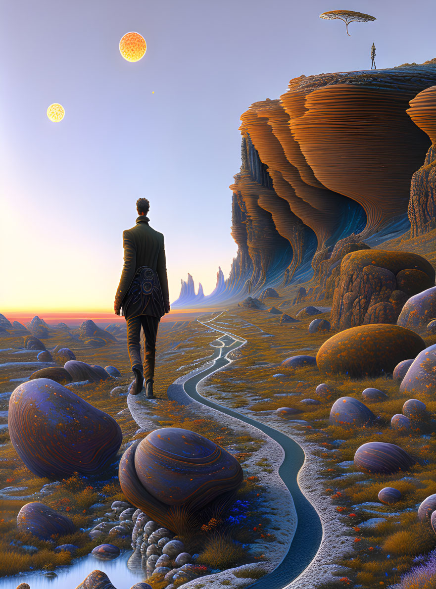 Surreal landscape with river, alien flora, and moons in the sky