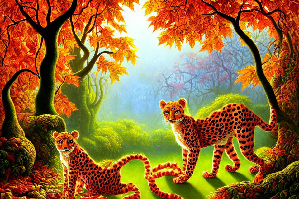 Vibrant autumn forest scene with two cheetahs in golden sunlight