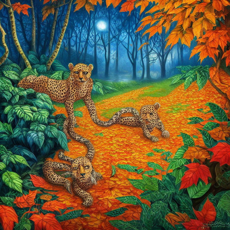 Leopards in Autumn Forest with Orange Leaves and Blue Background