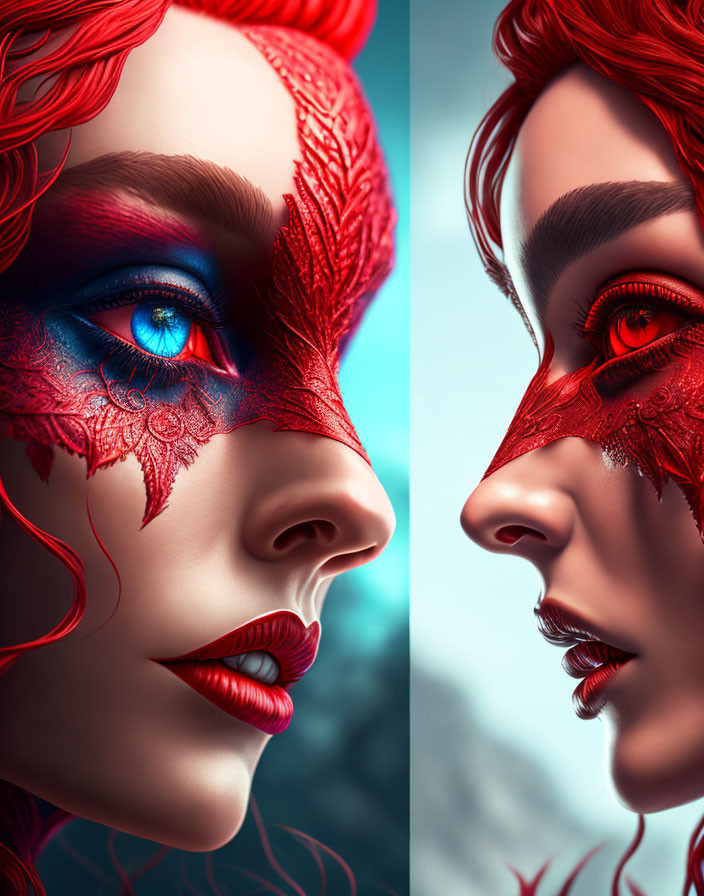 Stylized portraits of a woman with red hair and masquerade masks, blue and red eyes