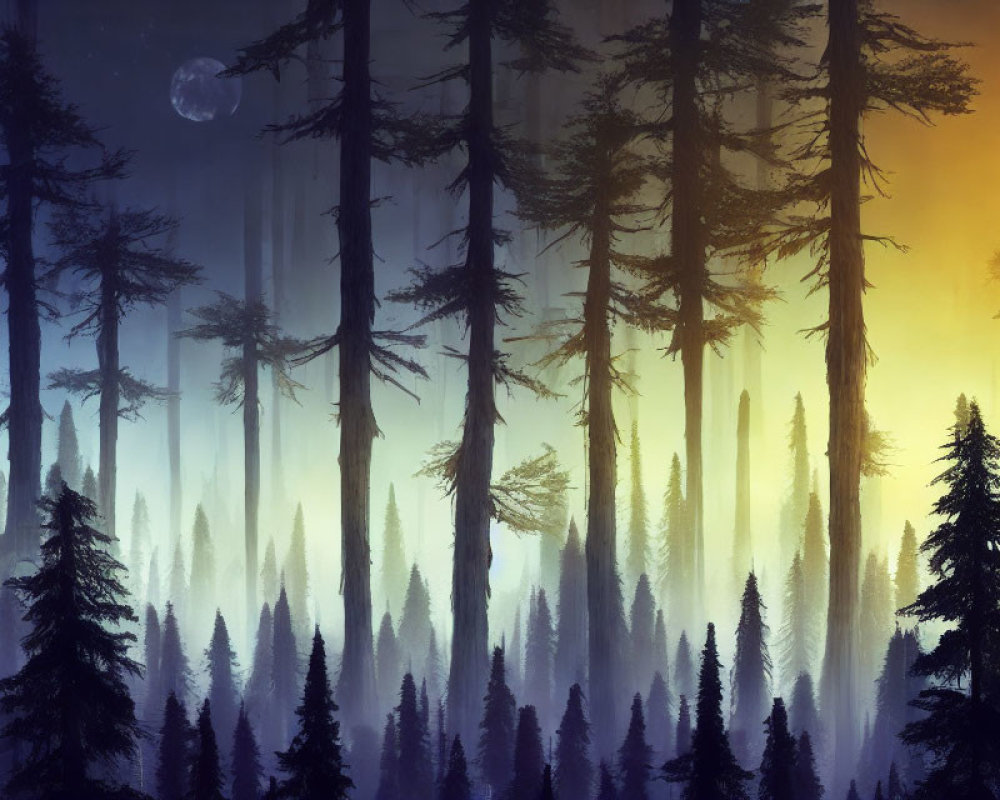 Twilight misty forest with tall tree silhouettes and crescent moon