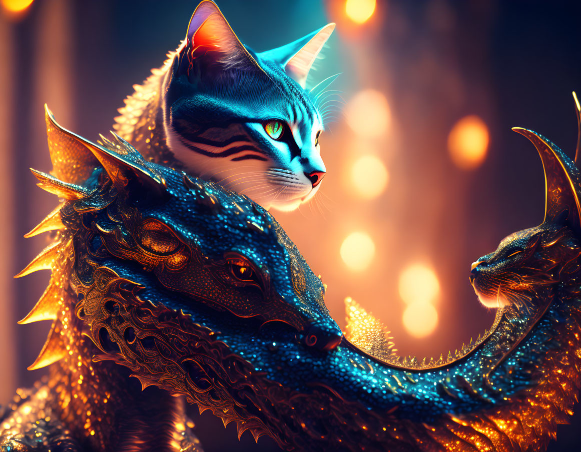 Cat with Blue Eyes in Golden Dragon Helmet on Digital Artwork