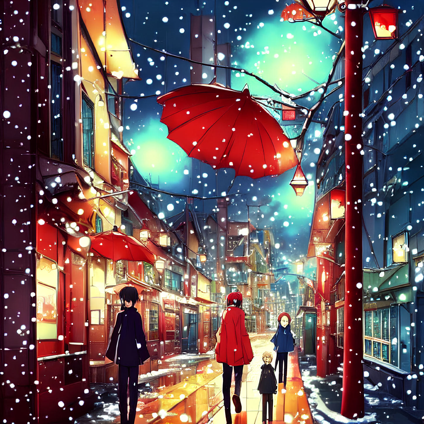 Snowy Twilight Street Scene with Red Umbrella and Festive Lights