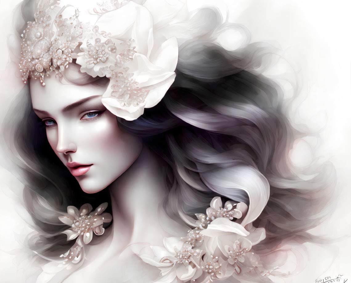 Ethereal woman with wavy hair and floral accessories in soft hues