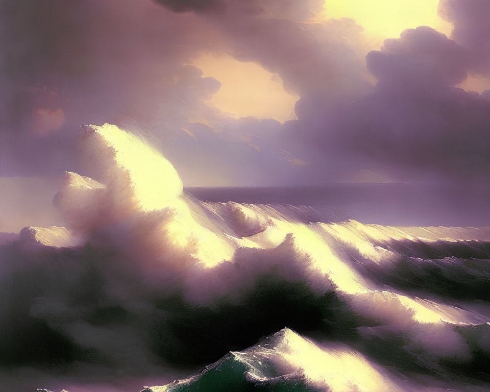 Dramatic stormy sea with towering waves and dark clouds illuminated by sunlight