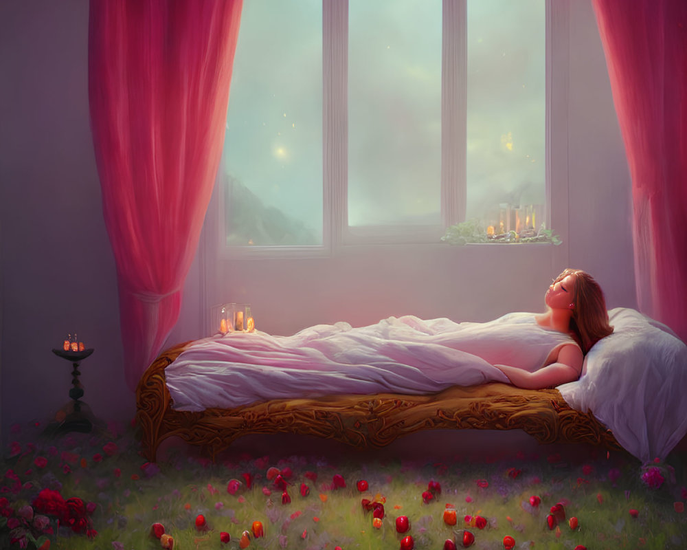 Tranquil bedroom with woman on bed, flowers on floor, candles, twilight sky