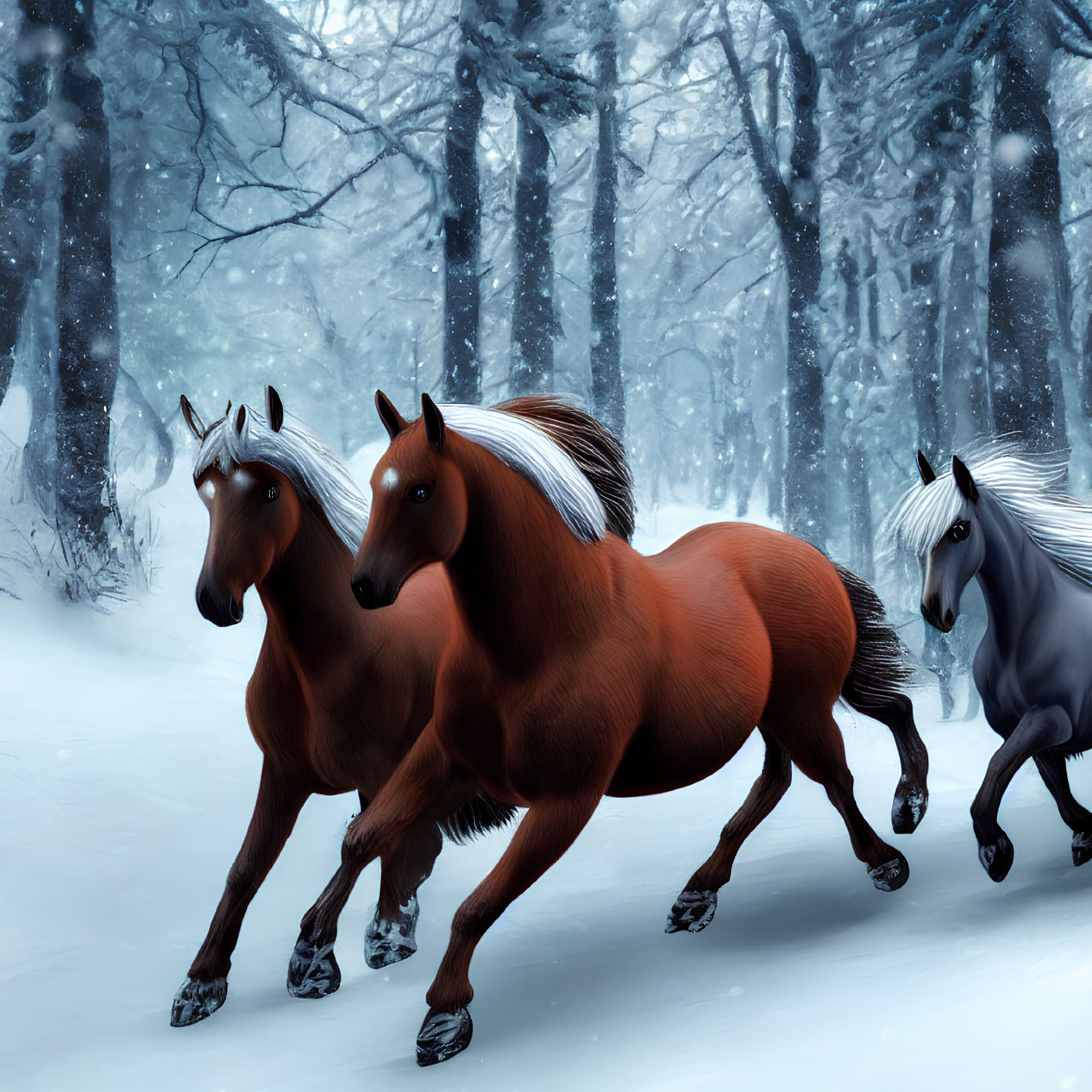 Three horses galloping in snowy forest with thick coats.