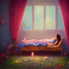 Tranquil bedroom with woman on bed, flowers on floor, candles, twilight sky