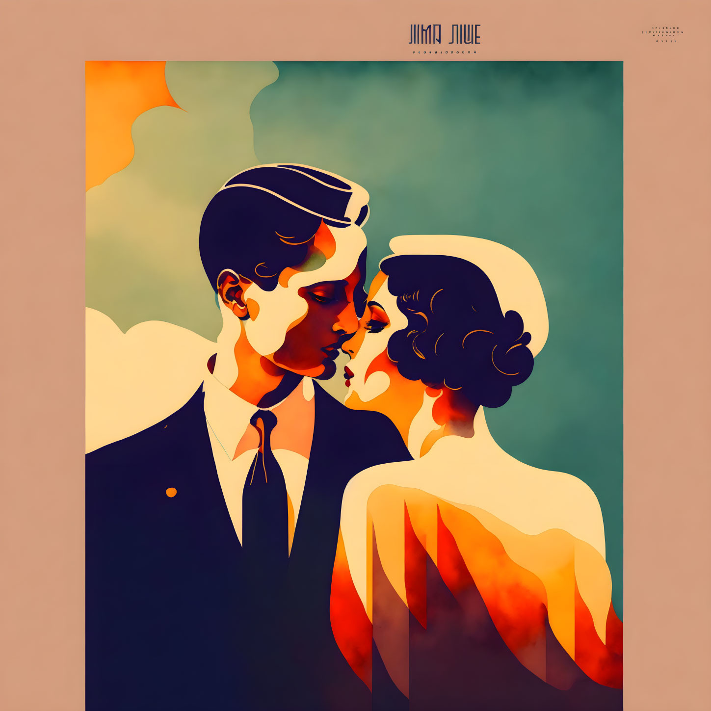 Vintage Romance Couple Embracing in Bold Colors