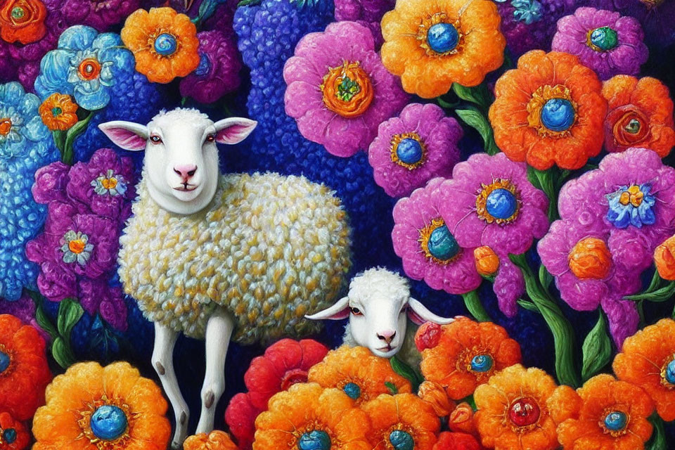 Colorful painting of two sheep in a vibrant flower field