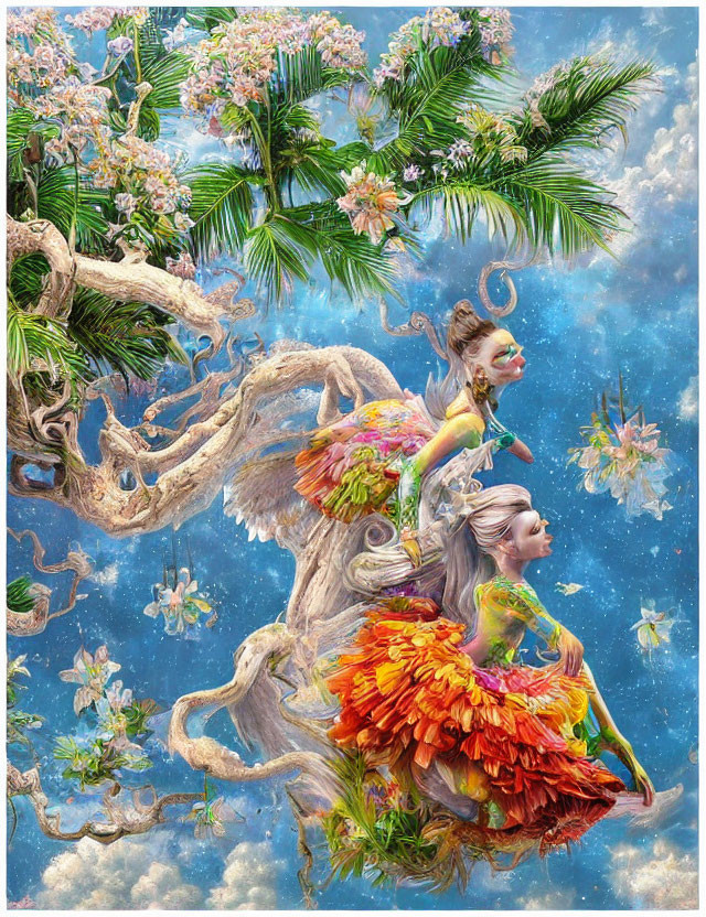 Fantastical artwork of two ethereal women in floral dresses on tree branches