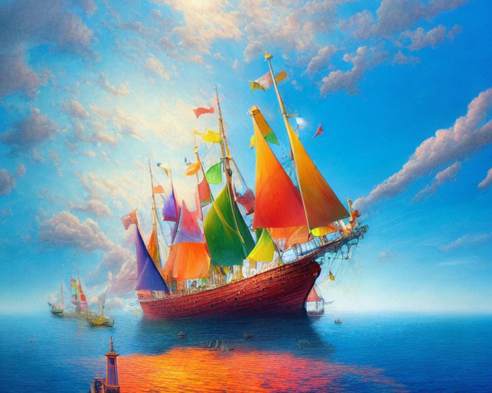 Colorful sailing ship painting on tranquil sea with sunlight glow