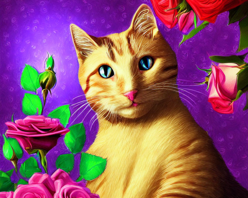 Vibrant orange cat with blue eyes next to pink roses on purple background