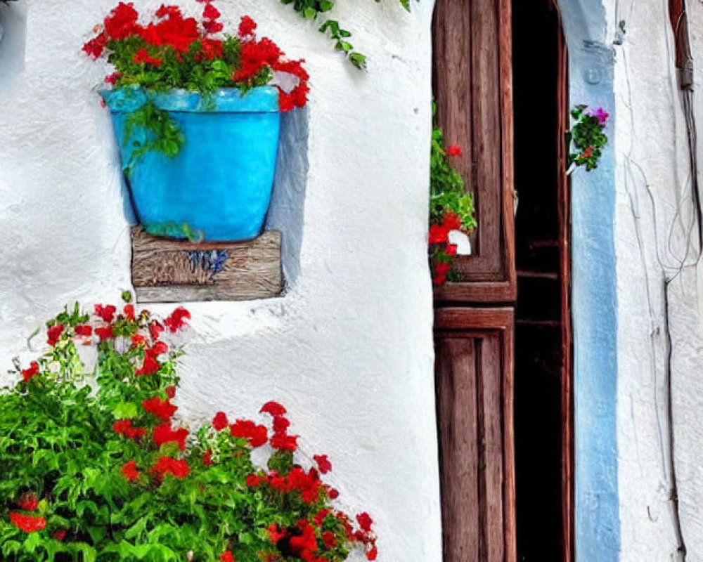 Colorful Red Flowers in Blue Pots Against White Wall with Green Plants