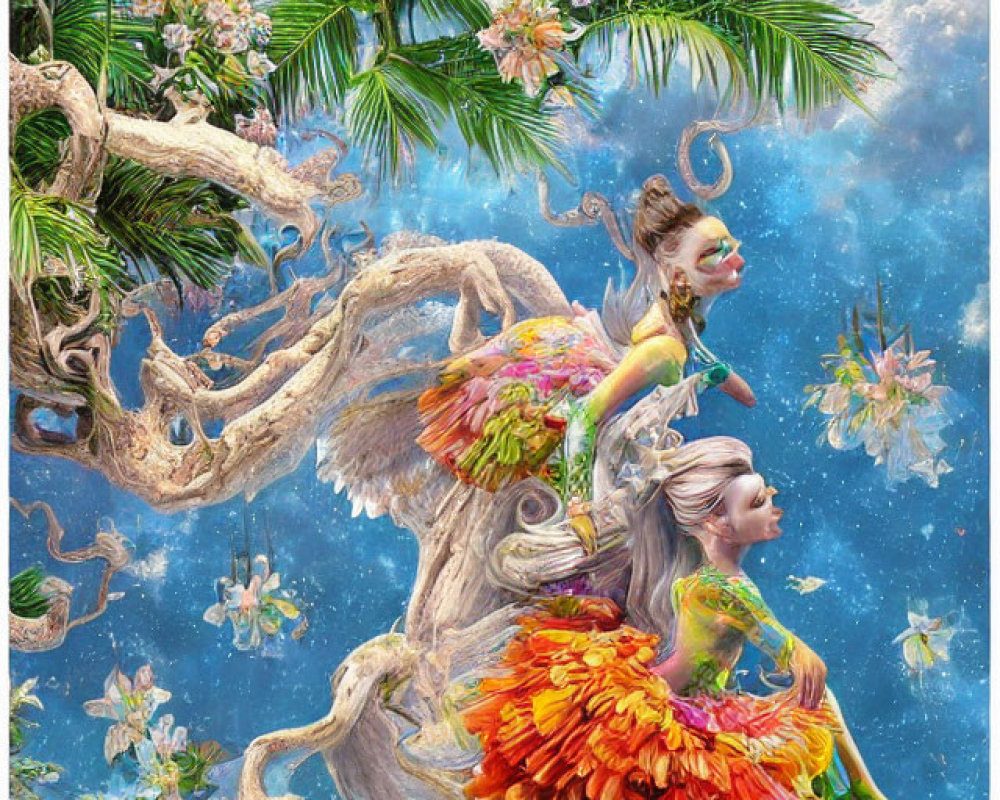 Fantastical artwork of two ethereal women in floral dresses on tree branches