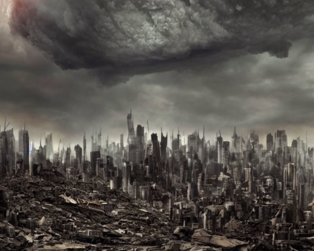 Destroyed cityscape under stormy sky: apocalyptic scene.