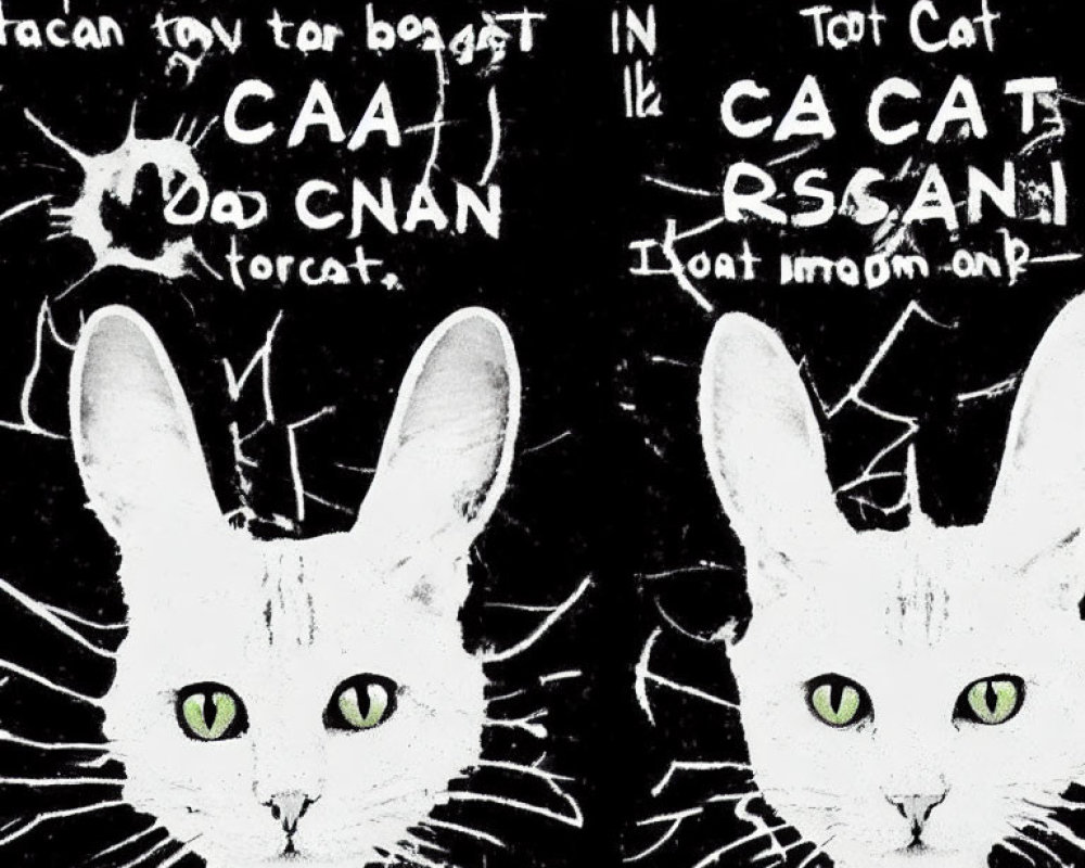 Stylized white cat faces with green eyes on black background with whimsical text and drawings