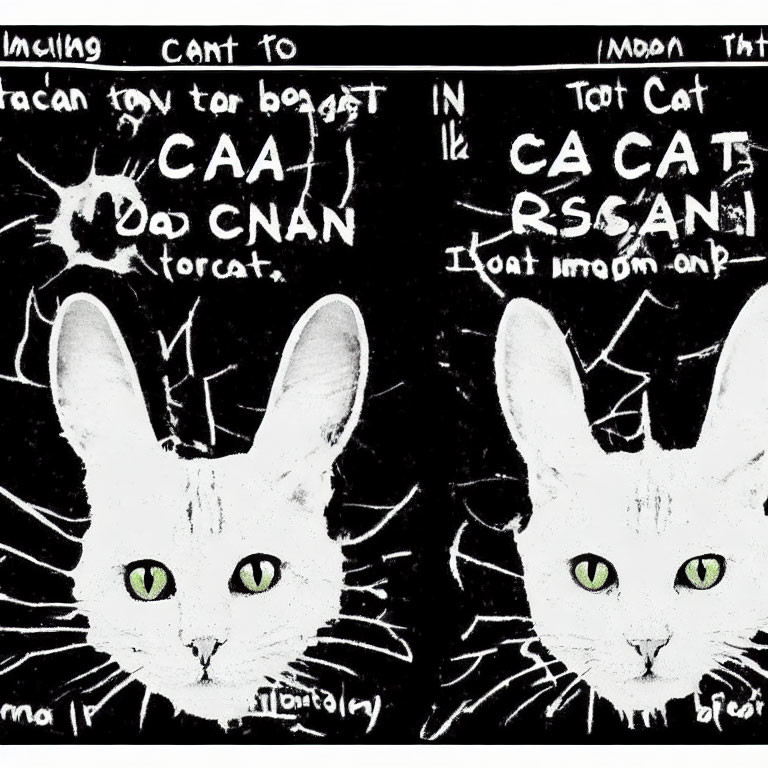 Stylized white cat faces with green eyes on black background with whimsical text and drawings