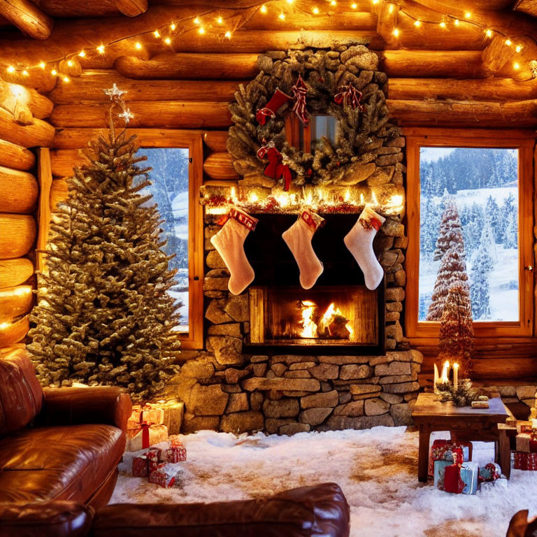 Christmas-themed log cabin interior with fireplace, stockings, tree, lights, and gifts on snowy night