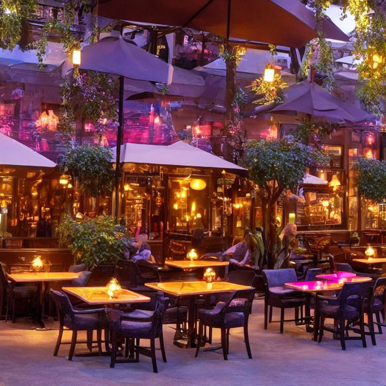 Cozy Restaurant Outdoor Evening Scene with Warm Lighting and Purple Hues