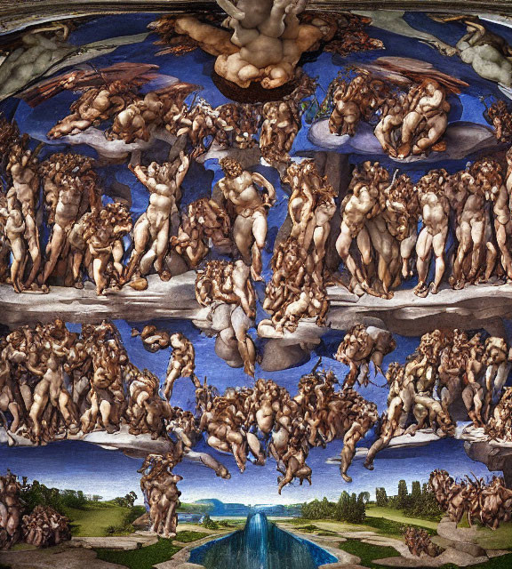 Dynamic muscular figures in ceiling fresco against blue sky with river landscape