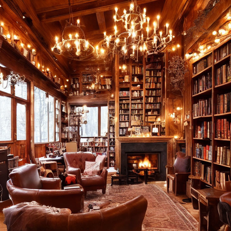 Warm Wooden Library with Book-lined Walls & Fireplace