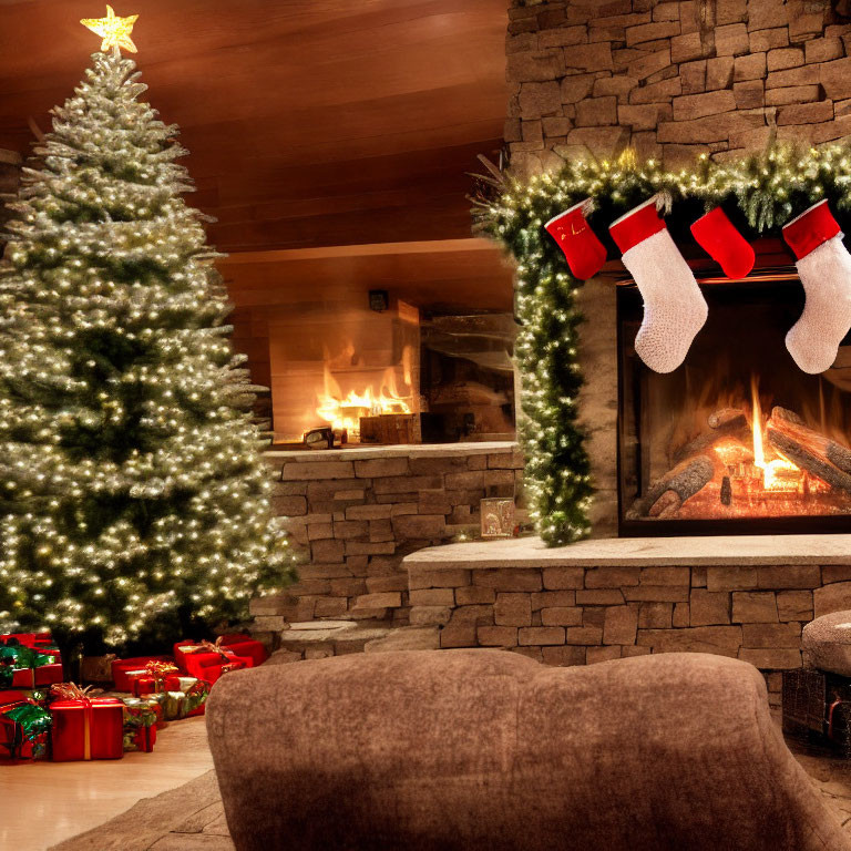 Festive Christmas room with tree, fireplace, stockings, and gifts