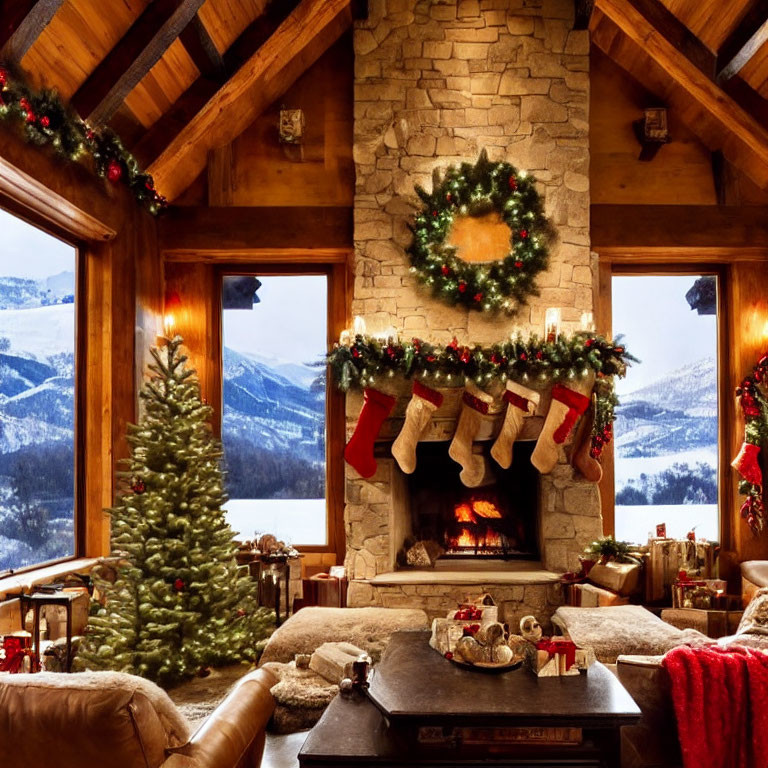 Cozy holiday room with fireplace, Christmas tree, and snowy mountain view.