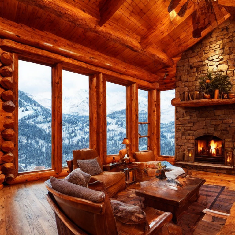 Warm Cabin Interior with Fireplace & Snowy Mountain View
