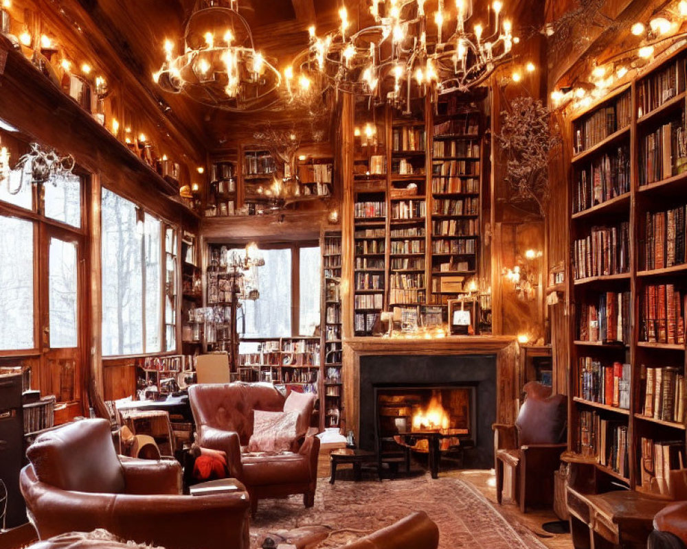 Warm Wooden Library with Book-lined Walls & Fireplace