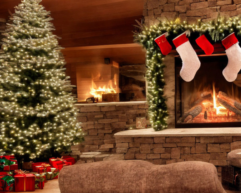Festive Christmas room with tree, fireplace, stockings, and gifts