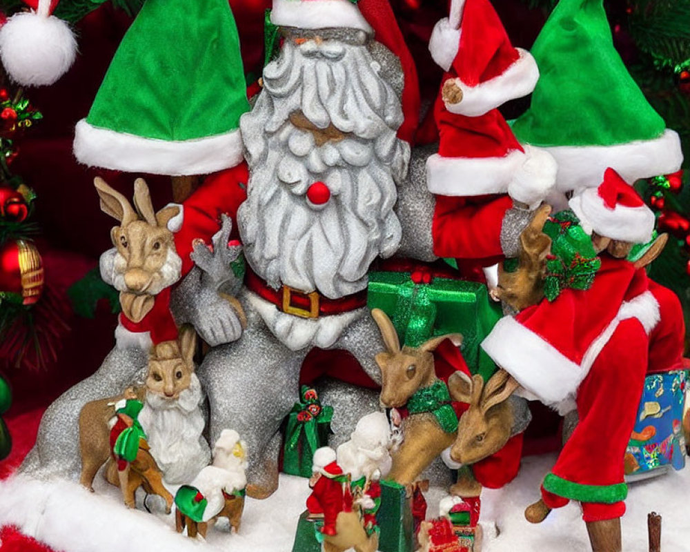 Santa Figure with Animals in Santa Hats on Festive Christmas Display