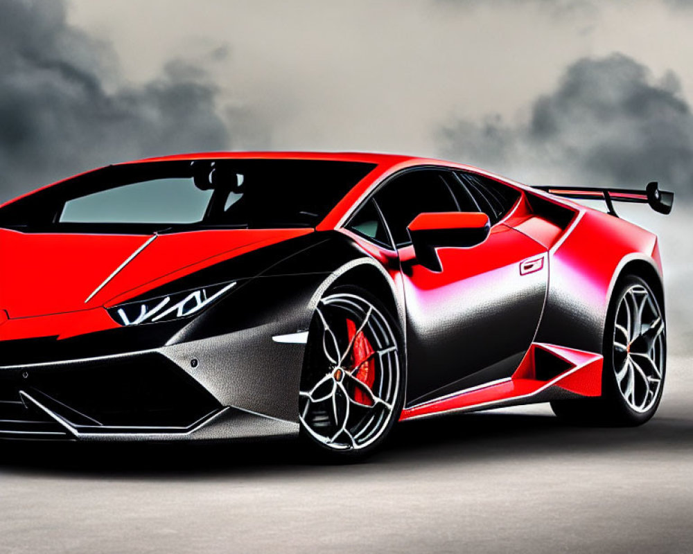 Red and Black Lamborghini Huracan with Large Rear Wing Against Stormy Clouds
